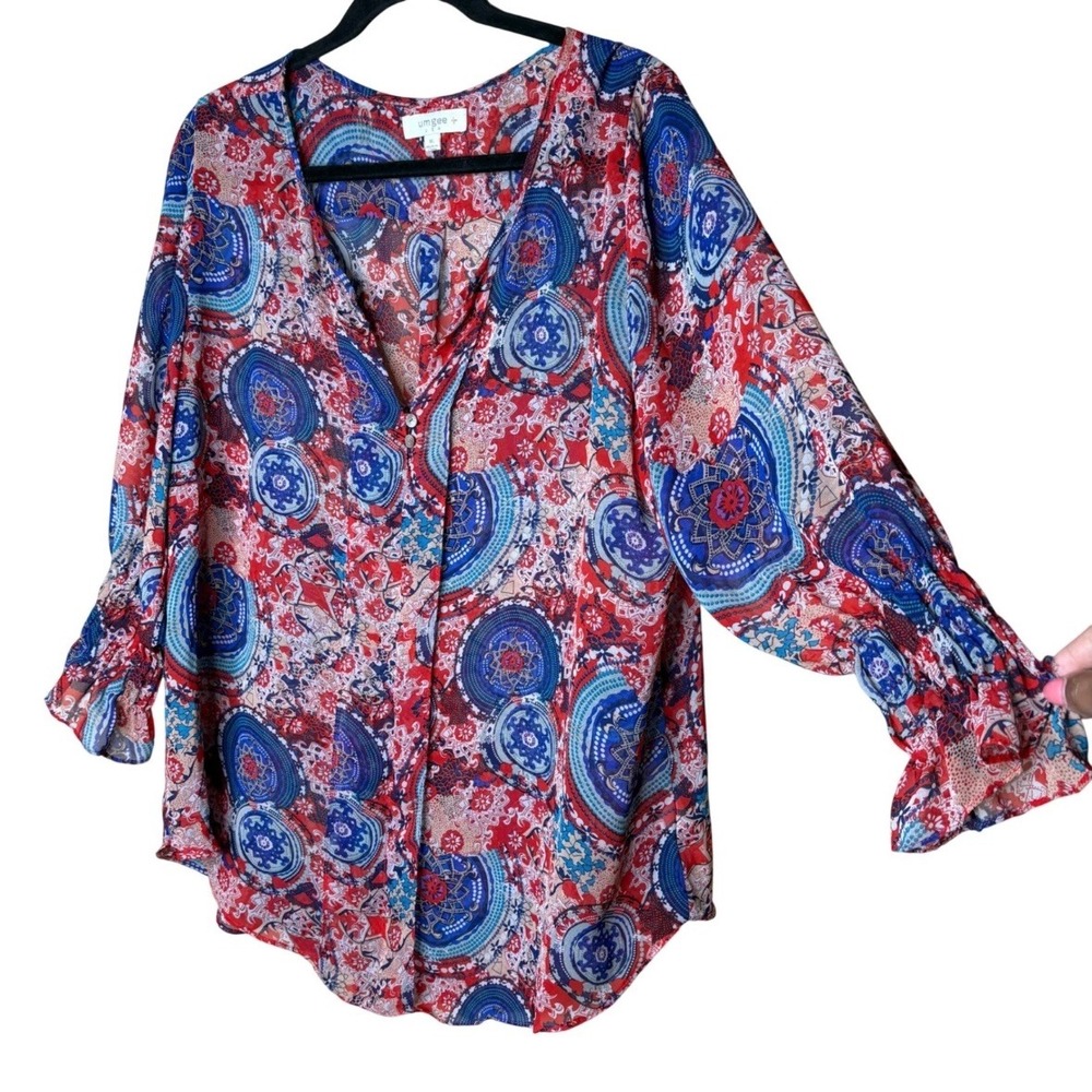 Umgee XL Red Blue Paisley V-Neck Ruffle Cuff Boho Blouse Top Lightweight